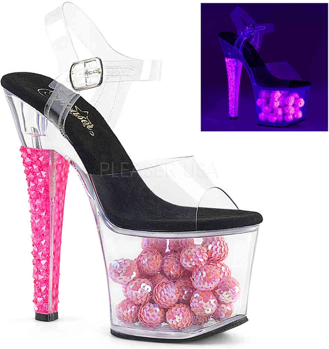 EU 37 = US 7 | RADIANT-708NSB | *7 Heel, 3 1/4 PF Ankle Strap Sandal w/ UV Sequin Ball